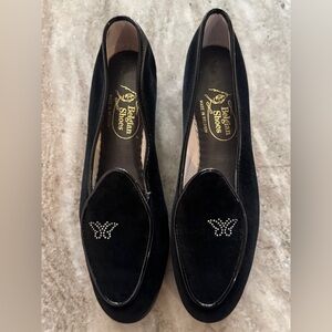 Belgian Shoes Midinette Slippers Black Velvet Leather Trim Loafer 6.5 Butterfly